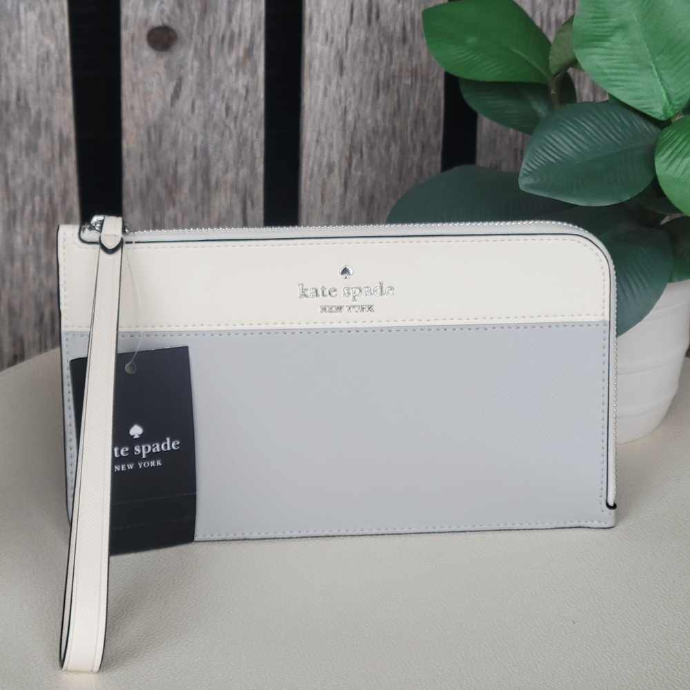 Kate Spade Lucy Platinum Gray & Cream  L-zip Wristlet - Picture 2 of 11